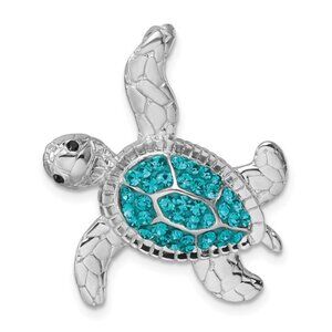 925 Sterling Silver Rh-Plated Polished Blue Crystal Turtle Chain Slide Pendant